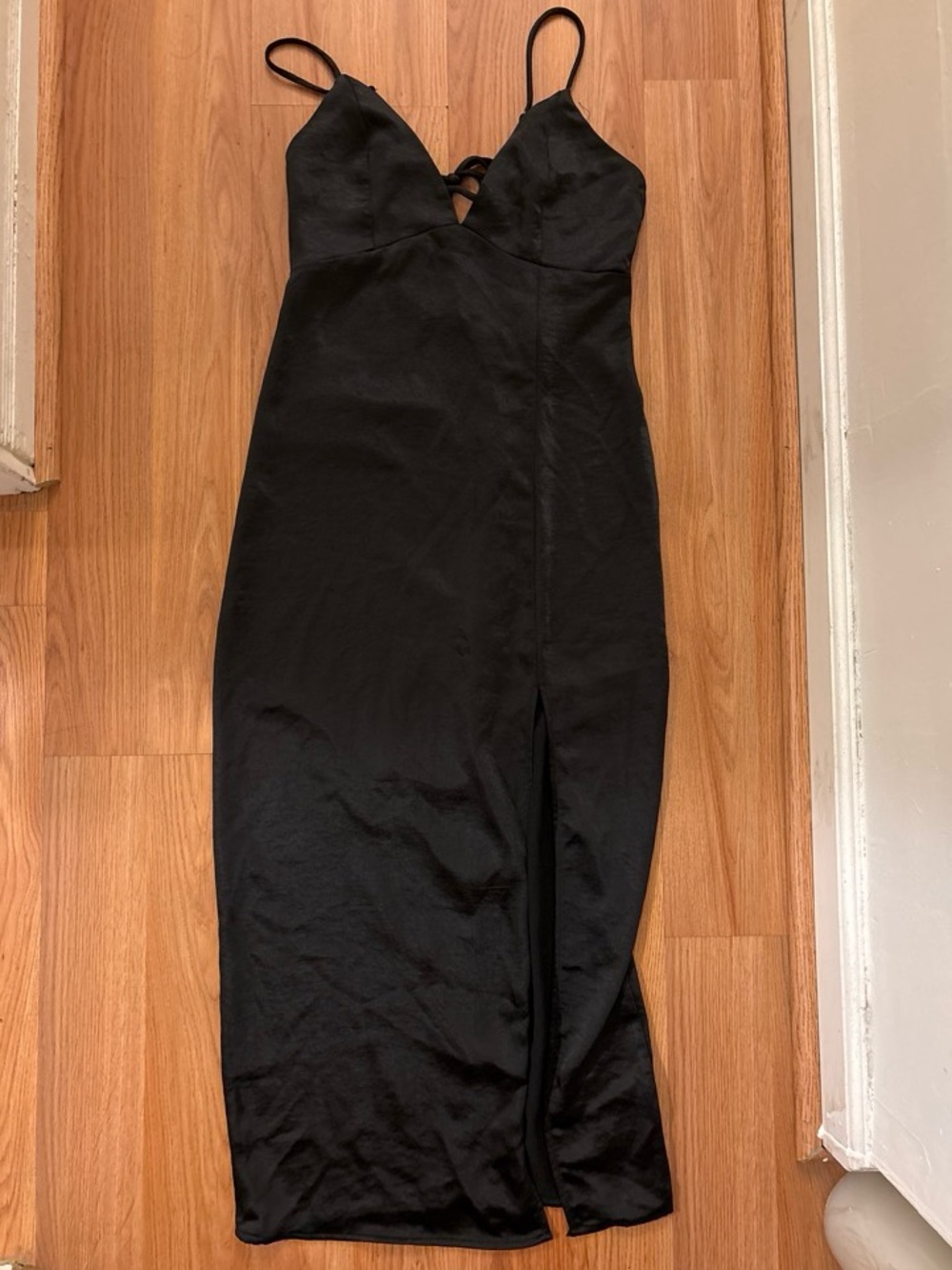 wild fable Black Midi Slip Dress with V-Neck and Front Slit